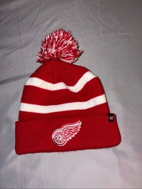 Red & White Striped Pom Beanie with Winged Wheel Patch toddler